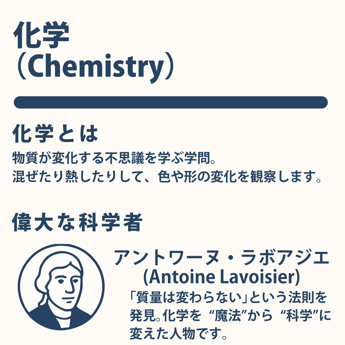 化学とは 物質が変化する不思議を学ぶ学問。 混ぜたり熱したりして、色や形の変化を観察します。